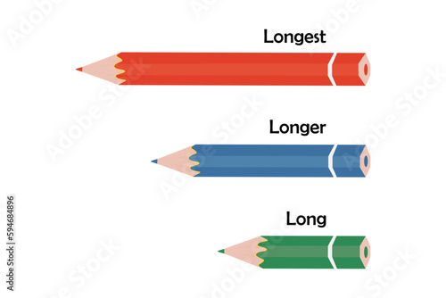 Colored pencils of different lengths, isolated on white background. Educational card, blank. Comparison of pencils - long, longer, longest. Learning English and words.