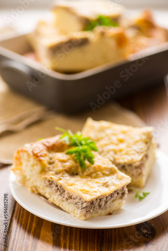 Cooked meat pie, pieces in a plate