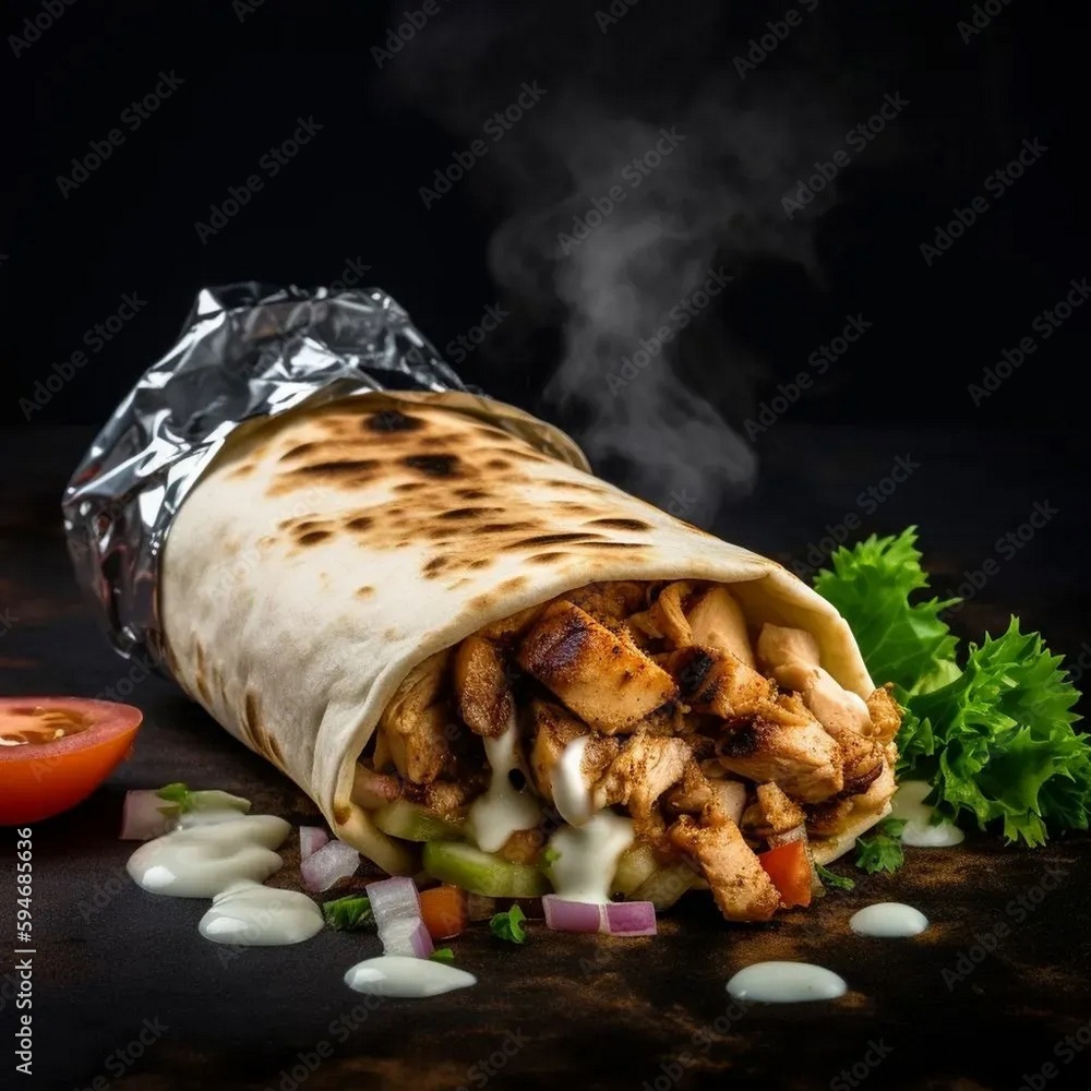 A shawarma wrap filled with seasoned grilled chicken, fresh tomatoes, onions, and herbs A shawarma wrap filled with seasoned grilled chicken, fresh tomatoes, onions, and herbs