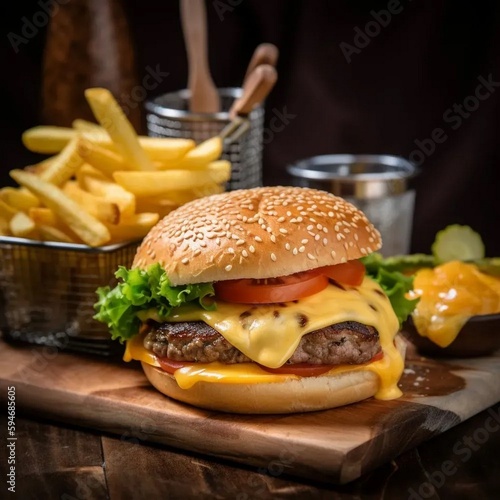 Hearty hamburger and fries