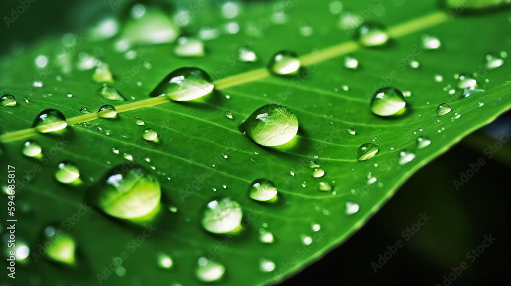 Large beautiful drops of transparent rain water on a green leaf macro. Drops of dew in the morning glow in the sun. Beautiful leaf texture in nature. Natural background. Generative AI Large beautiful drops of transparent rain water on a green leaf macro. Drops of dew in the morning glow in the sun. Beautiful leaf texture in nature. Natural background. Generative AI