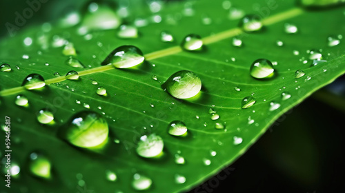 Large beautiful drops of transparent rain water on a green leaf macro. Drops of dew in the morning glow in the sun. Beautiful leaf texture in nature. Natural background. Generative AI