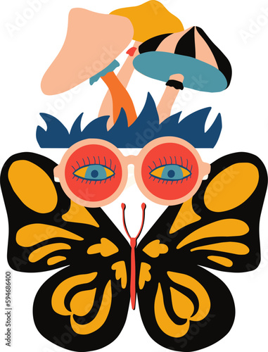 Banner with groovy style elements - glasses, mushrooms, butterfly