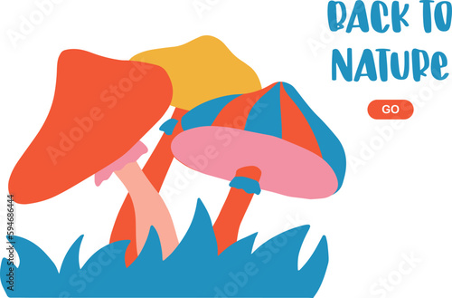 Groovy style banner with mushrooms and text - back to nature