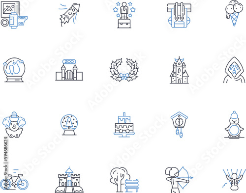 Adventures line icons collection. Thrills, Wonder, Exploration, Excitement, Courage, Challenge, Discovery vector and linear illustration. Escapade,Expedition,Adrenaline outline signs set