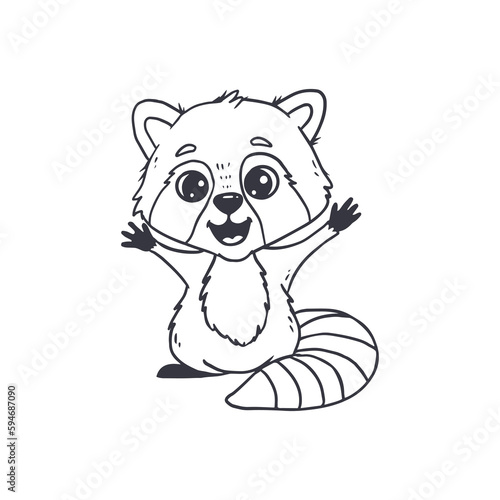  cute cartoon raccoon in doodle style.Coloring book.Funny raccoon isolated on white background. Vector illustration
