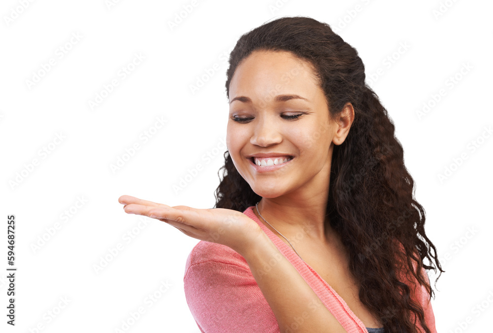 Beautiful woman, smile and hand out for marketing, advertising or product isolated on a transparent PNG background. Happy female model posing with palm showing advertisement, presentation or branding Beautiful woman, smile and hand out for marketing, advertising or product isolated on a transparent PNG background. Happy female model posing with palm showing advertisement, presentation or branding