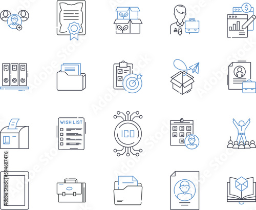 Archive maintenance line icons collection. Preservation, Conservation, Storage, Organization, Cataloging, Retrieval, Inventory vector and linear illustration. Security,Digitization,Accessioning