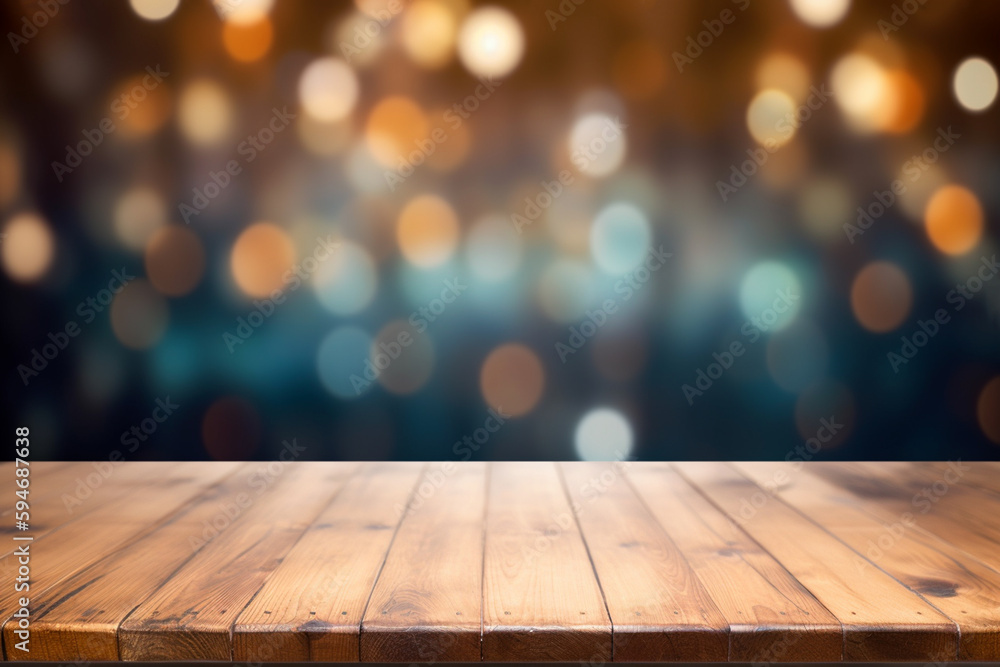 Wooden tabletop with blurred background for display or montage. Free space wood table top. AI generated image