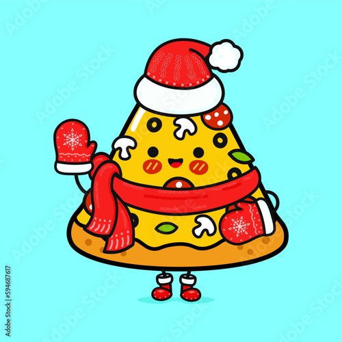 Funny smiling happy piece of pizza and christmas hat. Vector flat cartoon character illustration icon design. Isolated on blue background