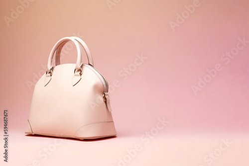 Fashion woman bag on pastel background, space for text. Minimal fashion concept, female accessories. AI generated image