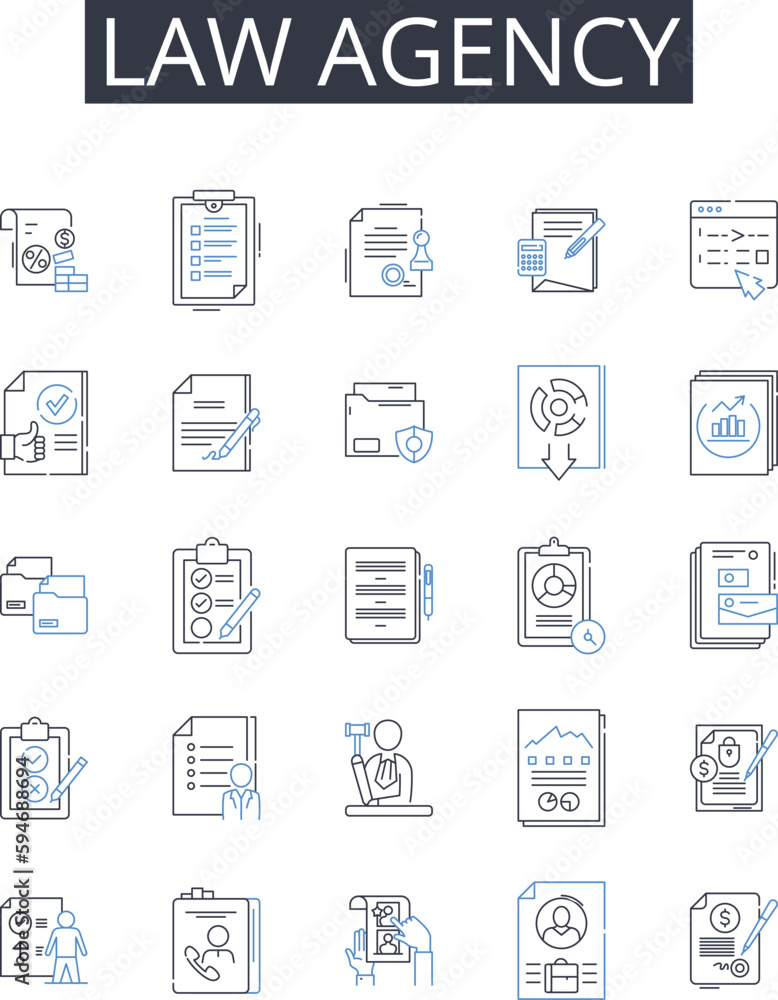 law agency line icons collection. Legal firm, Judicial bureau, Court company, Attorney association, Law house, Justice organization, Advocate agency vector and linear illustration. Barrister business