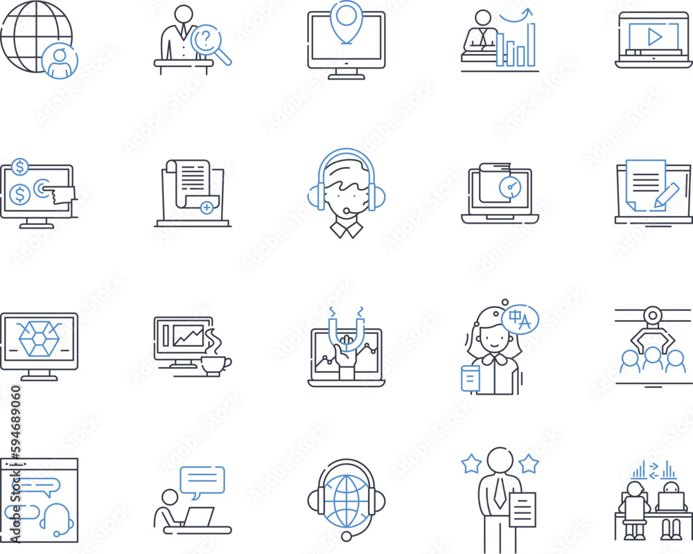 Productive company line icons collection. Efficiency, Productivity, Organization, Focus, Teamwork, Motivation, Planning vector and linear illustration. Innovation,Communication,Accountability outline