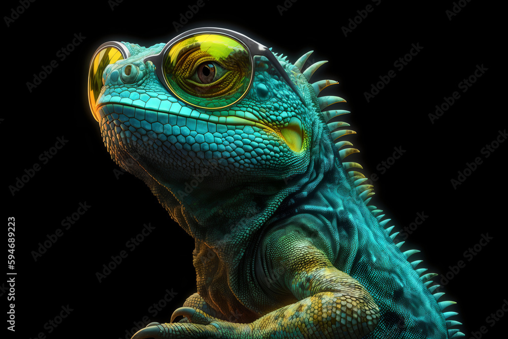 Fototapeta premium Cool Lizard Iguana with Mirror Sunglasses on Black Background Generative AI