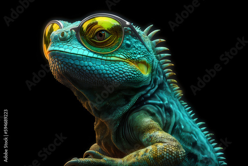 Cool Lizard Iguana with Mirror Sunglasses on Black Background Generative AI