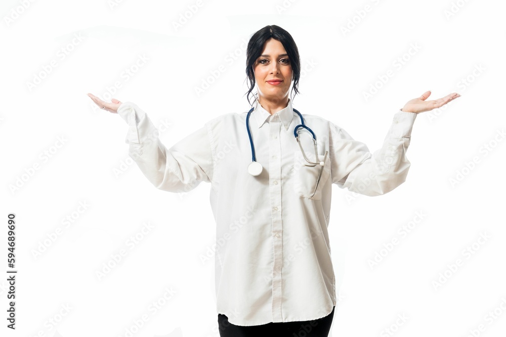 a woman with a stethoscope standing in front of white background a woman with a stethoscope standing in front of white background