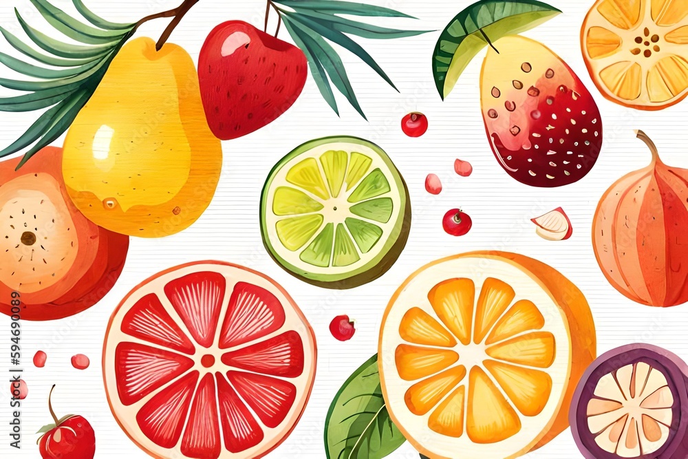 Watercolor fruits drinks, summer clipart,  created using generative AI technology