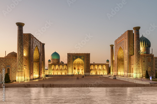 Evening view of the Registan Square in Samarkand, Uzbekistan