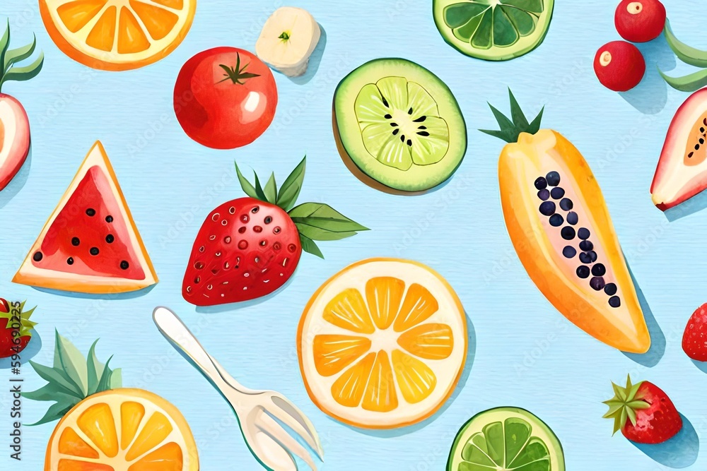 Watercolor summer Fruits, summer clipart,  created using generative AI technology