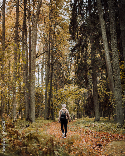 Woman Walking On A Beautiful Park Hiking Trail On A Beautiful Autumn Day