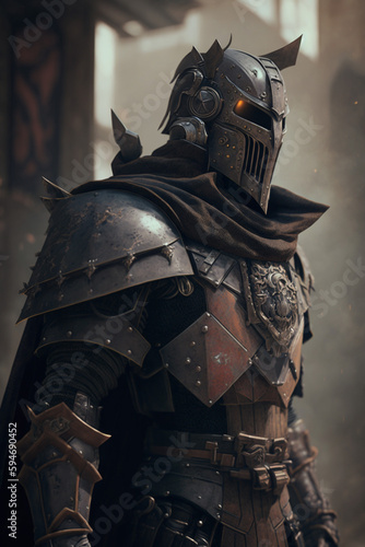 Retro Futuristic Armoured Fighter RPG character Illustration, Sci-Fi Concept Character, Medieval knight, Generative AI