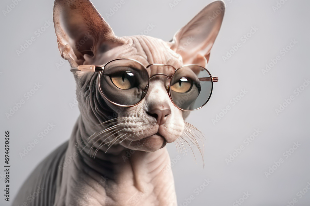 Portrait of Devon Rex cat in brown sunglasses isolated on white background. Travel, Holidays concept. Generated Ai.