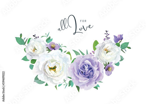 Elegant, watercolor style purple bouquet. Love greeting card template. Rose flowers, helleborum, lisanthus, eucalyptus, greenery leaves. Delicate, vector, editable spring, summer wedding invite design