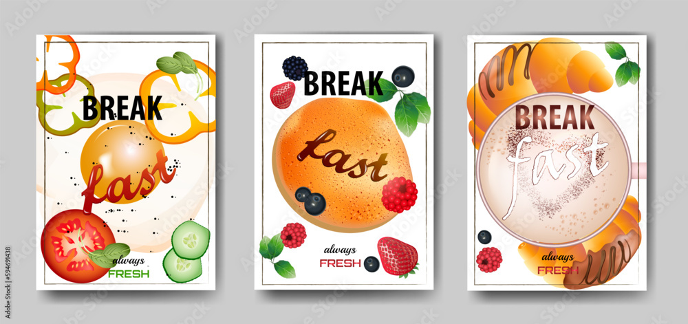 Set of promo flyers for breakfast menu, fresh food, dessert, diet, 