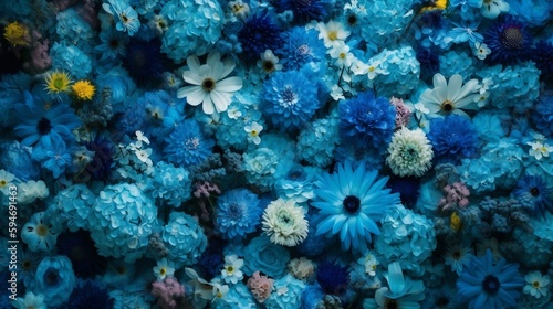Wall of bright blue flowers background. generative AI