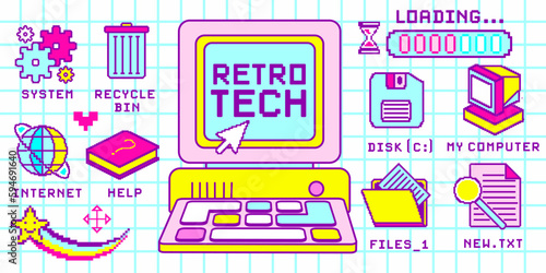 Y2k pixel aesthetic frame with quote. Fun graphic with pc screen, computer desktop, arrow cursor, pixel icons: folder, internet, recycle bin. Girly bright pink and colorful tones. Cute nostalgia art