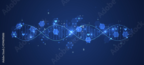Glowing neon DNA chain. Biotechnology, biochemistry, science, medicine concept.