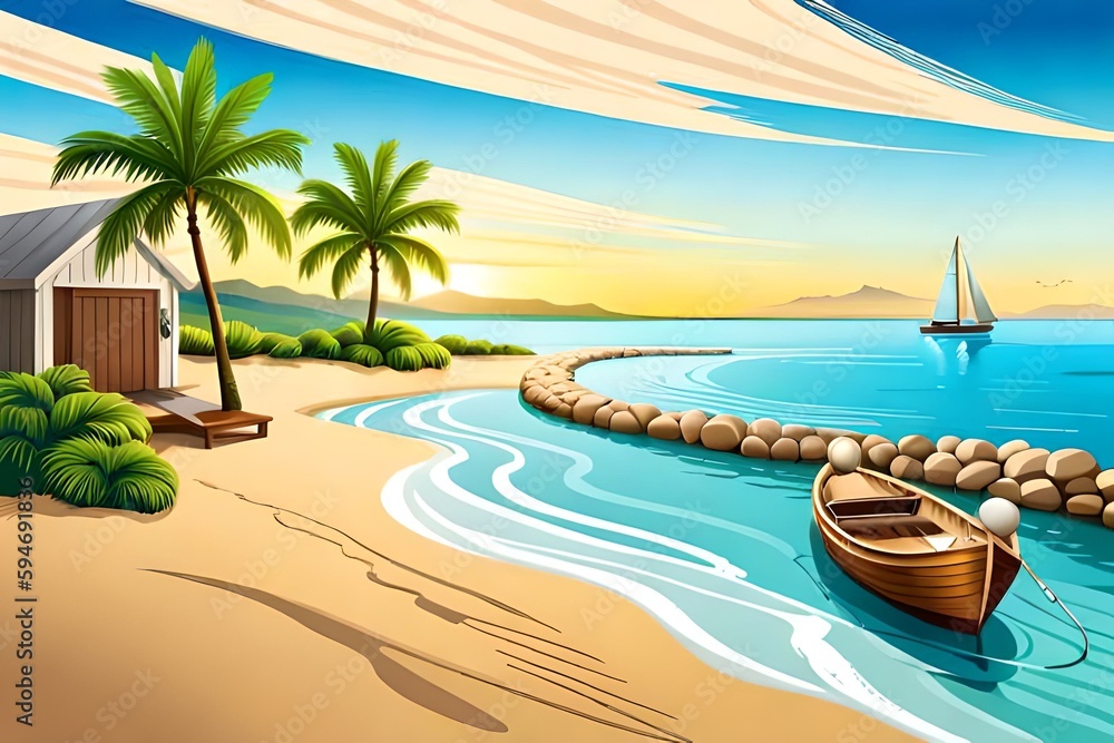 Summer mood beach illustration, created using generative AI technology