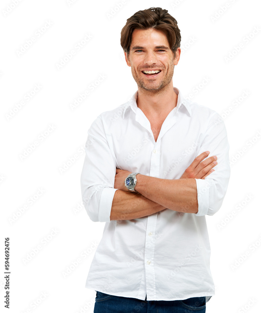 Man in portrait, fashion model with arms crossed and confidence isolated on transparent, png background. Handsome male person, casual style and happiness with designer clothes and positive mindset Man in portrait, fashion model with arms crossed and confidence isolated on transparent, png background. Handsome male person, casual style and happiness with designer clothes and positive mindset