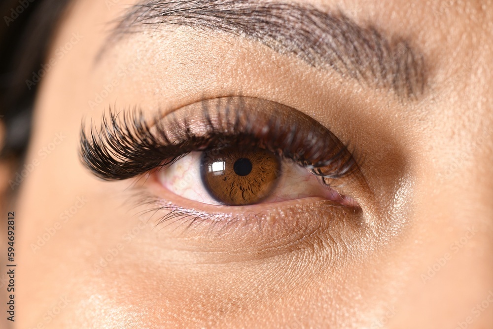 Obraz premium a close up of a brown eye with long eyelashes and no makeup
