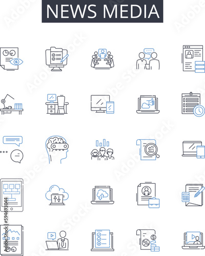 news media line icons collection. Television broadcasting, Print journalism, Web journalism, Social journalism, Broadcast journalism, Public broadcasting, Electronic media vector and linear