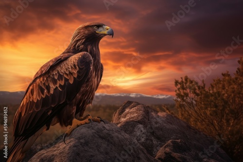 Majestic eagle perched on a rocky outcropping, framed by a dramatic, fiery sunset sky. Generative AI