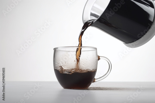Gros plan sur une tasse transparent se remplissant de café chaud » IA générative photo