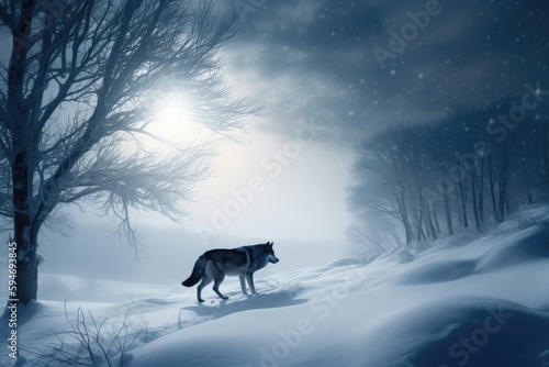 Majestic wolf in a winter landscape, surrounded by snow and icy trees. Generative AI