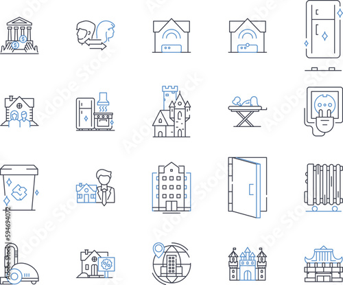 Domestic Care line icons collection. Maid, Housekeeping, Cleaning, Cooking, Laundry, Babysitting, Nanny vector and linear illustration. Diapering,Ironing,Dusting outline signs set
