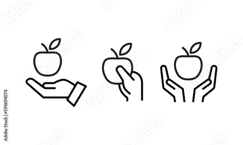 Apple in hand icon. Hand holding apple. Fresh fruit in handful . Healthy food, diet, vegeterian, vitamin and nature. Organic. Farm harvest icon vector symbol logo illustration line editable stroke