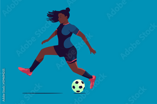 Female black soccer player mid-stride, kicking ball © Randall