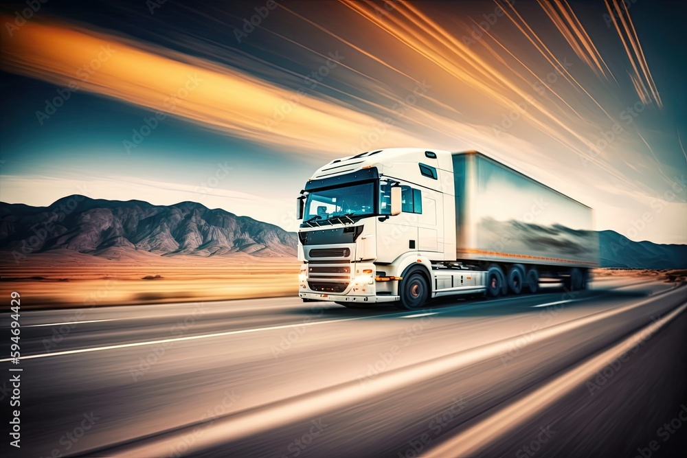 Logistic truck carrying goods on the road. Transportation, supply chain and shipping concept. Generative AI Logistic truck carrying goods on the road. Transportation, supply chain and shipping concept. Generative AI
