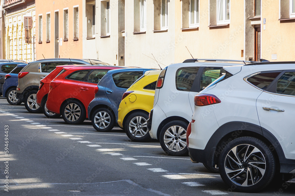 Cars parked in Old Town of Cesky Tesin town, Czech Republic