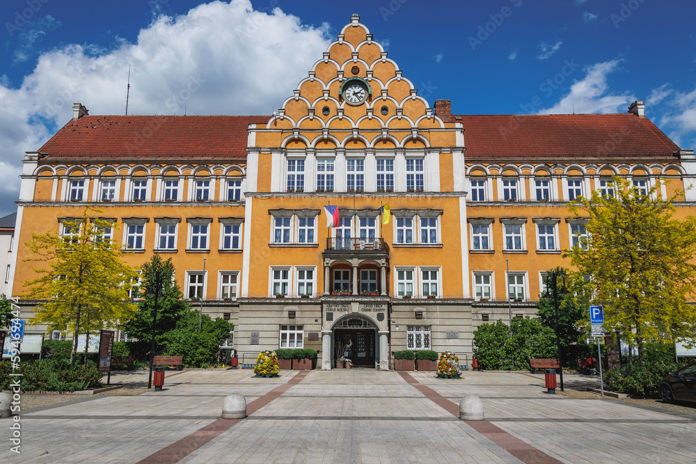 Facade of Town Hall on Square of Czechoslovak Army Square in Cesky Tesin town, Czech Republic