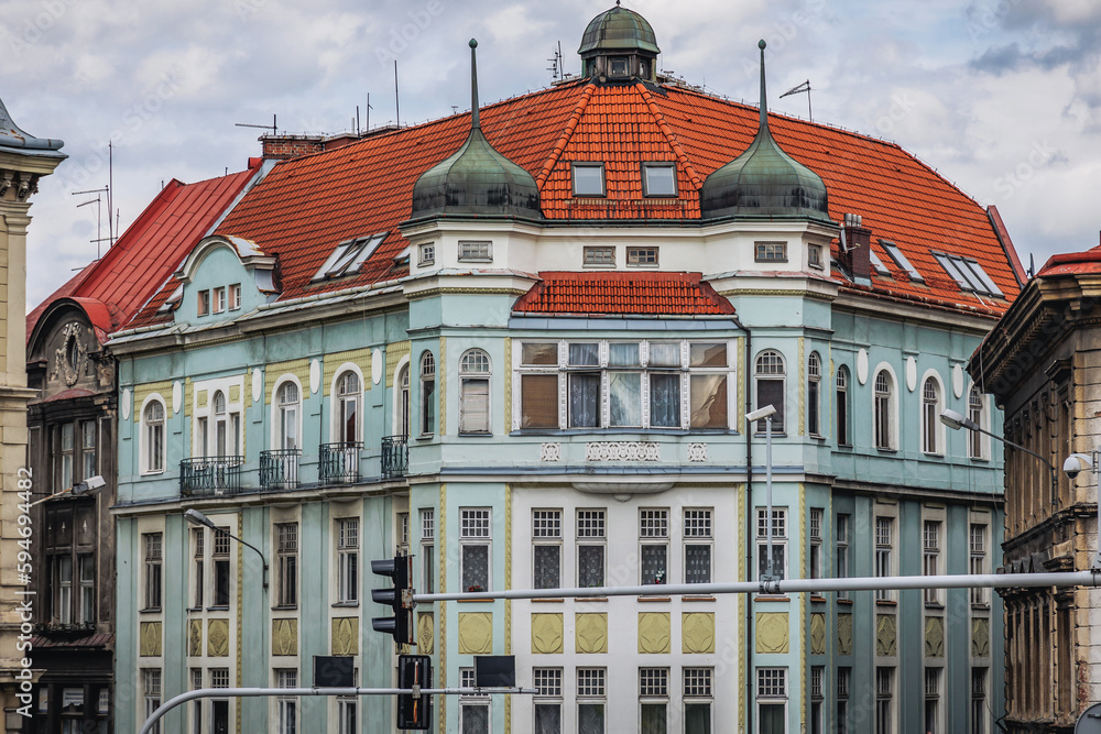 Fototapeta premium Historic apartment building on Hill Street in Bielsko-Biala city, Poland
