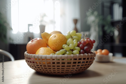 Panier de fruits sur la table du séjour » IA générative photo