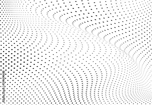 The halftone texture is chaotic monochrome. Abstract black and white waves background of dots. Backdrop for the design of websites, business cards, posters © VYACHESLAV KRAVTSOV