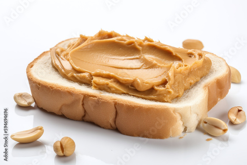 Gros plan sur une tranche de brioche avec beurre de cacahuète sur fond gris » IA générative