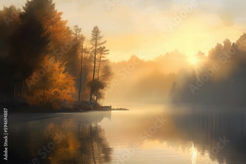 Serene lake scene at dawn, with mist rising from the water and golden light illuminating the surrounding trees. Generative AI