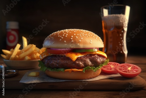 Grilled burger and french fries food ,generative AI